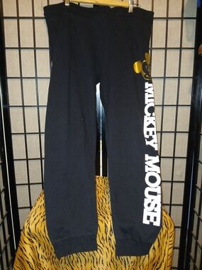 Disney Black Track Pants with Gold Accent and White Mickey Mouse Print